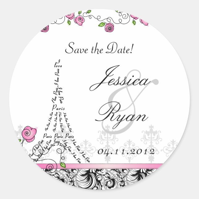 Save the Date Wedding Stickers Paris Black White (Front)