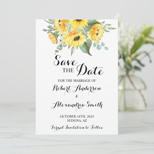 Save the Date Wedding Sunflowers Greenery Invitation (Standing Front)
