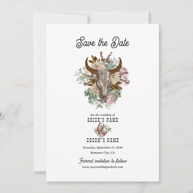 Save The Date Western Country Cowboy Boho Cow Mariage crâne (Devant)
