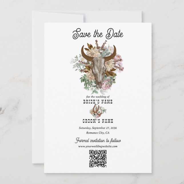 Save The Date Western Country Cowboy Boho Cow Mariage crâne (Devant)