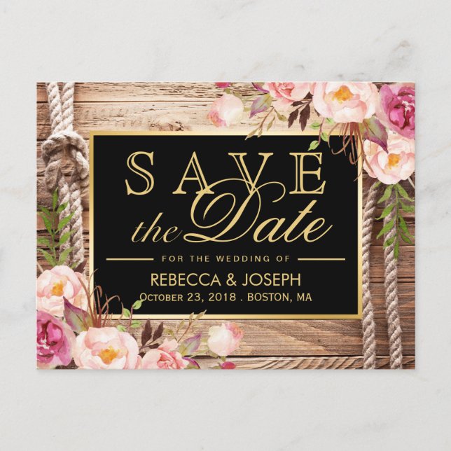 Save the Date Western Rustic Country Wood Floral Announcement Postcard (Front)