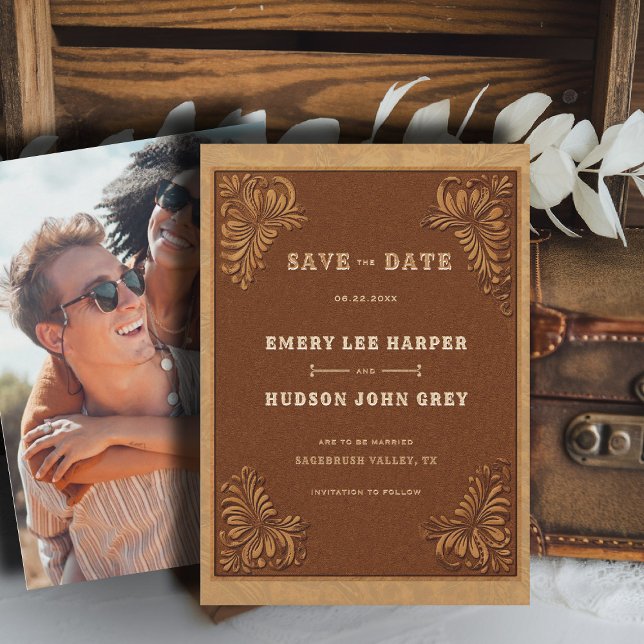 Save The Date Western Tooled Leather Rustic Photo Wedding (country rustic cowboy wedding save the date faux tooled leather terracotta rust western barn)
