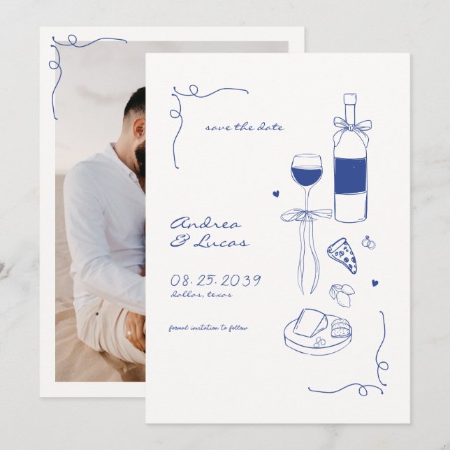 Save The Date Whimsical amusant main dessinée Frame Vin Mariage  (Devant / Derrière)
