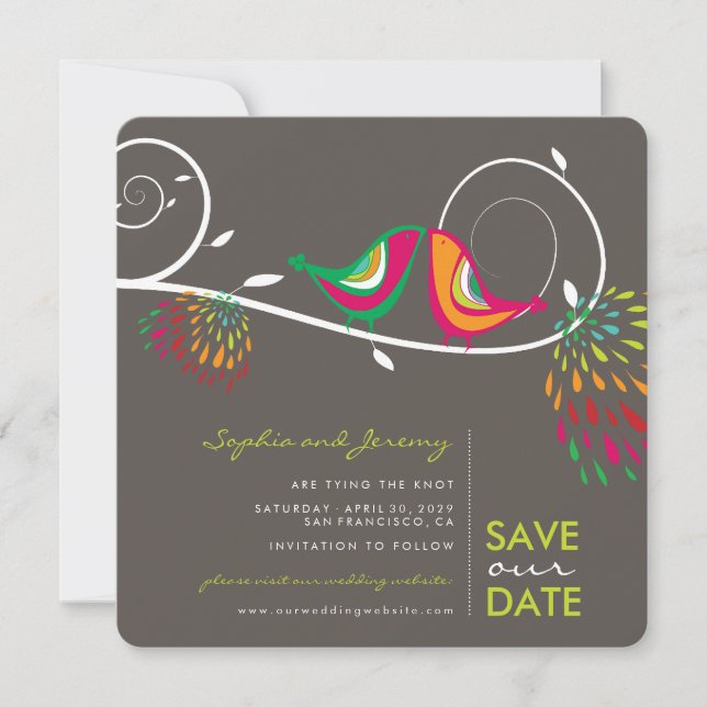 Save The Date Whimsical Colorful Bissers Birds Photo été (Devant)