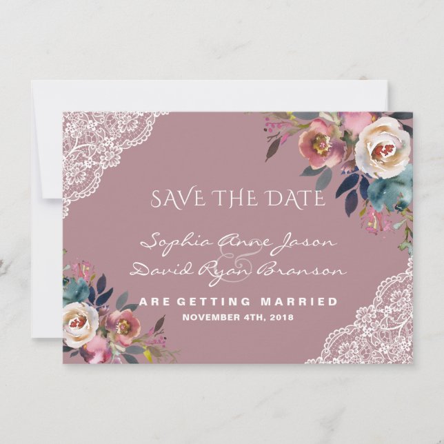 Save The Date Whimsical Dusty Blue Dusty Rose Fleurs Mariage (Devant)