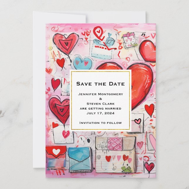 Save The Date Whimsical Hearts and Love Lettres Motif Mariage (Devant)