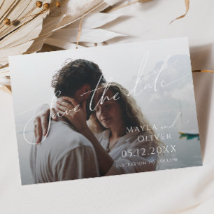 Save The Date Whimsical Minimalist Script Horizontal Faded Photo