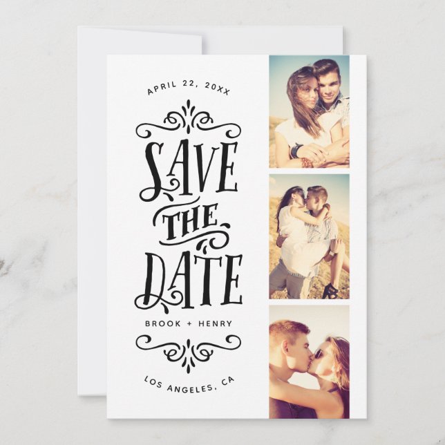 Save The Date Whimsical Mod 3-Photo Enregistrer La Date | Black (Devant)