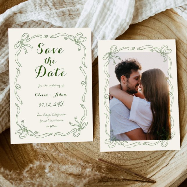 Save The Date Whimsical Quirky Main Tirée Bow Green (Créateur téléchargé)