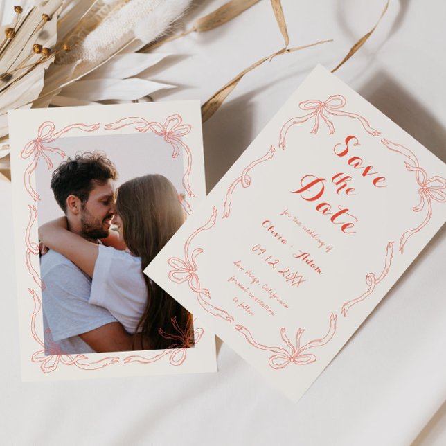 Save The Date Whimsical Quirky Main Tirée Bow Orange (Créateur téléchargé)