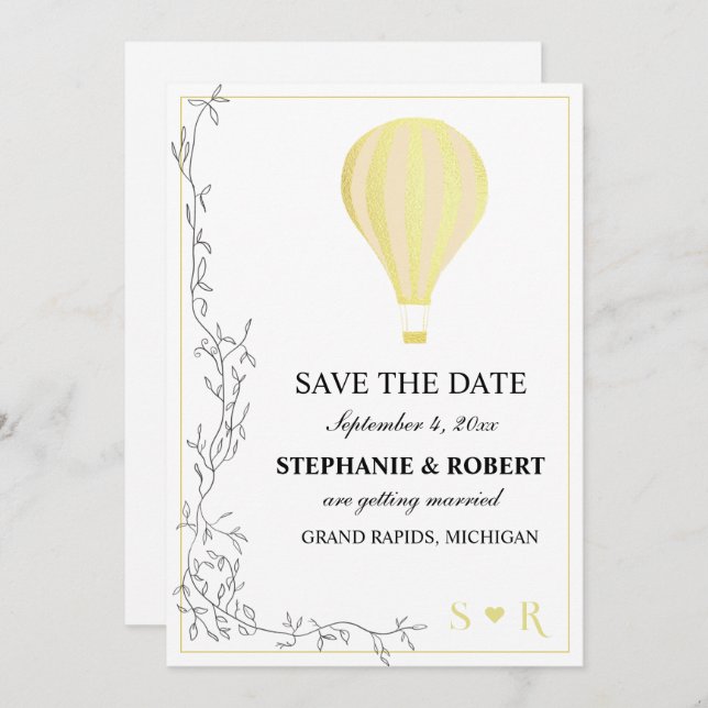 Save The Date Whimsical Rustic Golden Hot Air Balloon (Devant / Derrière)