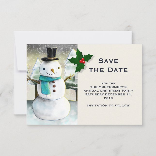Save The Date Whimsical Snowman Winter Scene Christmas Drawing (Devant)
