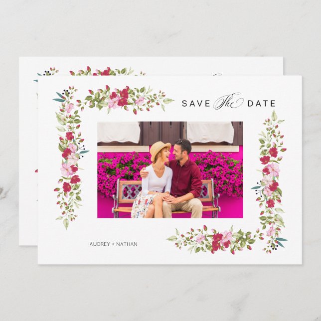 Save The Date Whimsical Typography Red & Pink Shades Flowers (Devant / Derrière)