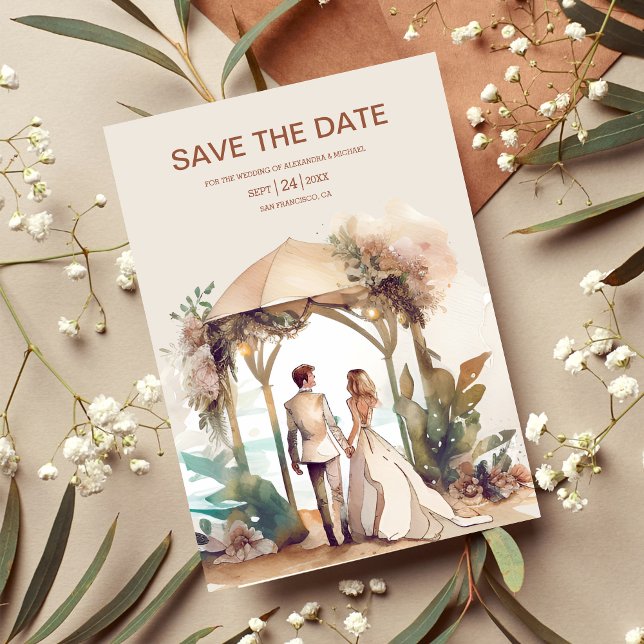 Save The Date Whimsical Watercolor Beach Destination Mariage (Créateur téléchargé)