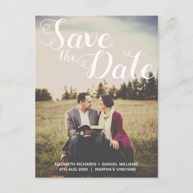 Save The Date Whimsical White Script Photo Overlay Postcard (Front)