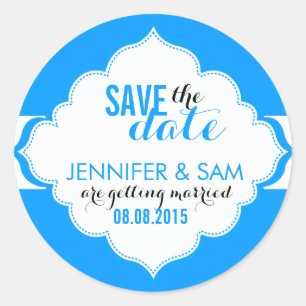 Save The Date White And Blue Frame Classic Round Sticker