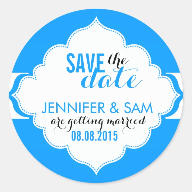 Save The Date White And Blue Frame Classic Round Sticker (Front)