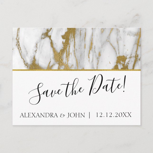Save the Date White and Gold Elegant Marble Postcard (Front)