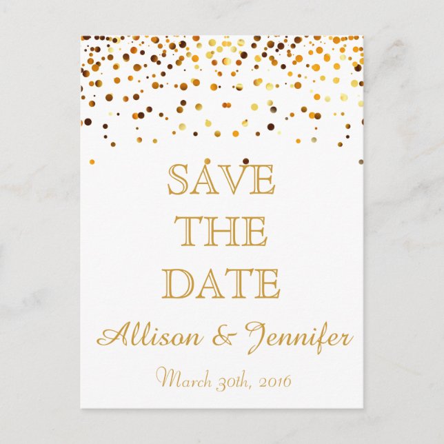 Save the date White and Gold Glitter Faux Foil Announcement Postcard (Front)