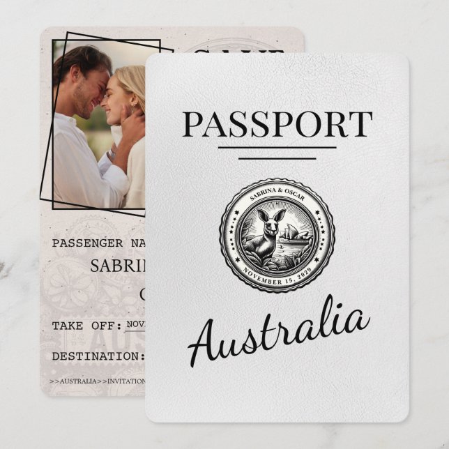 Save The Date White Australia Passport Enregistrer La Date (Devant / Derrière)