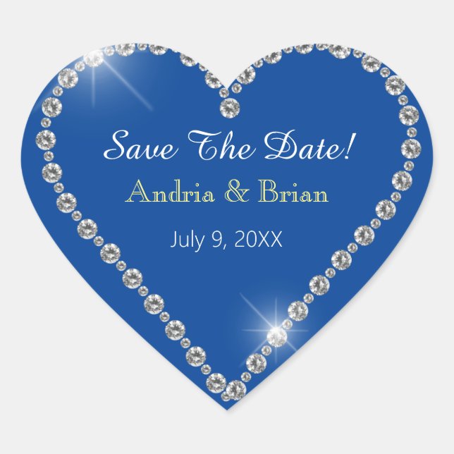 Save The Date, White Diamond Heart Names Deep Blue Heart Sticker (Front)