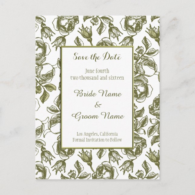 Save the Date White Faux Gold Roses Postcard (Front)