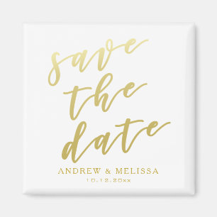 Save the date White & Faux Gold Script Magnet
