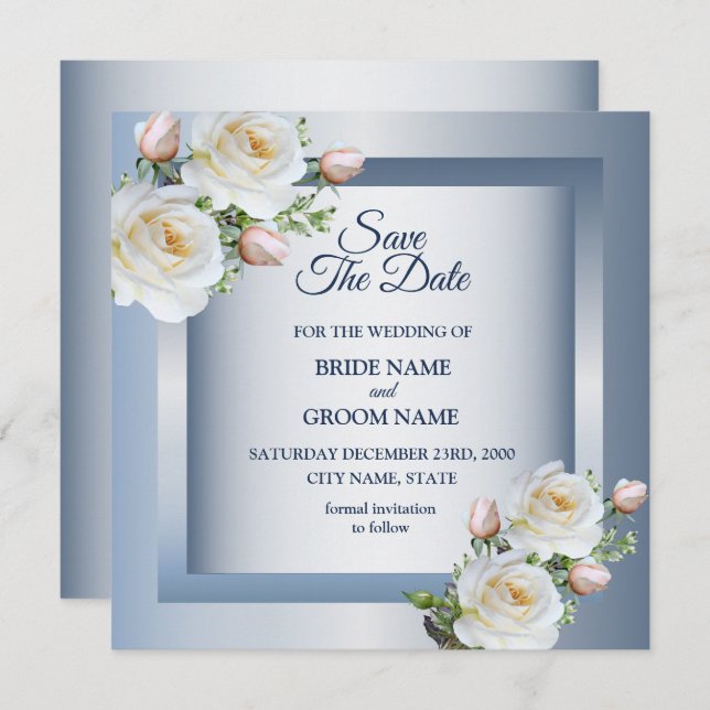 Save The Date White Flowers Elegant Blue Gray (Devant / Derrière)