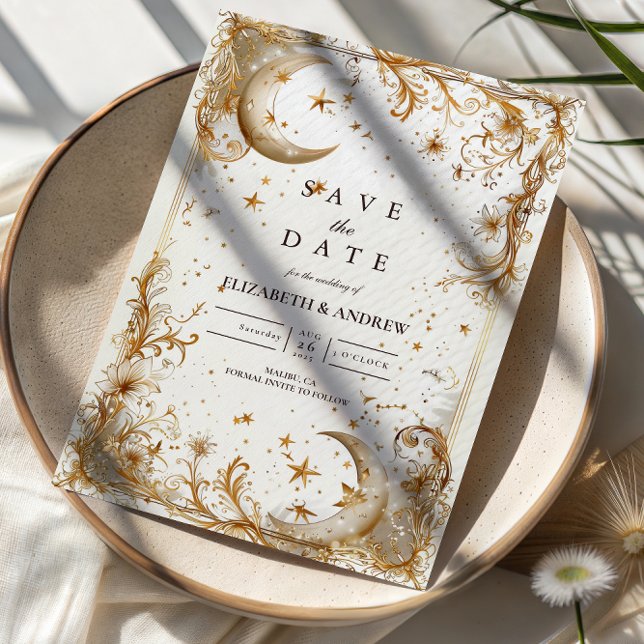Save The Date White Gold Celestial Moon & Stars Wedding (Créateur téléchargé)