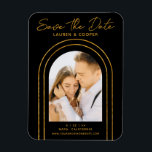 Save The Date White Gold Stylish Art Deco Wedding Magnet<br><div class="desc">Save The Date Black Gold Stylish Script Art Deco Wedding Magnets features your favourite photo inside a golden arch on a black background. Personalize with your text by editing the text in the text boxes provided. Designed for you by ©Evco Studio www.zazzle.com/store/evcostudio</div>