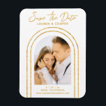 Save The Date White Gold Stylish Art Deco Wedding Magnet<br><div class="desc">Save The Date White Gold Stylish Script Art Deco Wedding Magnet features your favourite photo inside a golden arch on a white background. Personalize with your text by editing the text in the text boxes provided. Designed for you by ©Evco Studio www.zazzle.com/store/evcostudio</div>