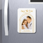 Save The Date White Gold Stylish Art Deco Wedding Magnet<br><div class="desc">Save The Date White Gold Stylish Script Art Deco Wedding Magnets features your favourite photo inside a golden arch on a white background. Personalize with your text by editing the text in the text boxes provided. Designed for you by ©Evco Studio www.zazzle.com/store/evcostudio</div>