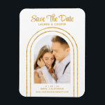 Save The Date White Gold Stylish Art Deco Wedding Magnet<br><div class="desc">Save The Date White Gold Stylish Script Art Deco Wedding Magnets features your favourite photo inside a golden arch on a white background. Personalize with your text by editing the text in the text boxes provided. Designed for you by ©Evco Studio www.zazzle.com/store/evcostudio</div>