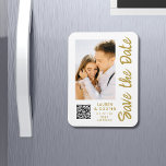 Save The Date White Gold Stylish Modern Weddin Magnet<br><div class="desc">Save The Date White Gold Stylish Script Modern Wedding Magnets features a white background with your custom photo. Personalize with your text by editing the text in the text boxes provided and add your website URL for your custom QR code. Designed for you by ©Evco Studio www.zazzle.com/store/evcostudio</div>