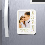 Save The Date White Gold Stylish Modern Wedding Magnet<br><div class="desc">Save The Date White Gold Stylish Script Modern Wedding Cards features a white background with your custom photo. Personalize with your text by editing the text in the text boxes provided. Designed for you by ©Evco Studio www.zazzle.com/store/evcostudio</div>