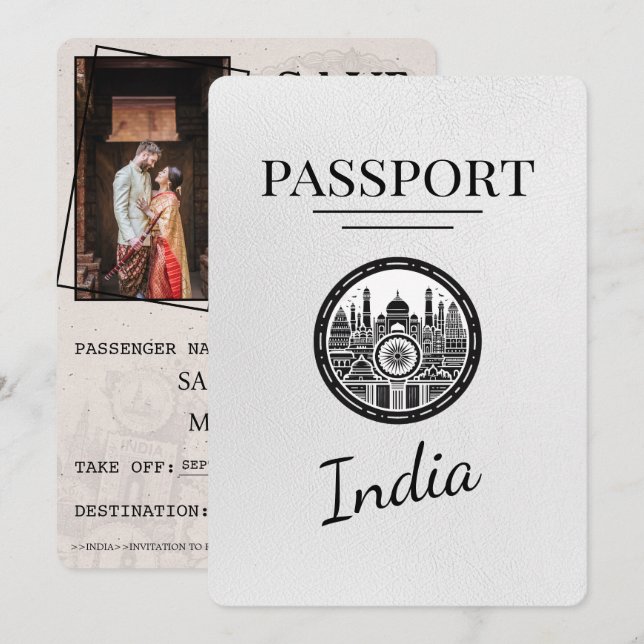 Save The Date White India Passport Enregistrer La Date (Devant / Derrière)
