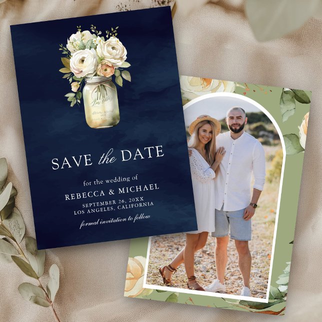 Save The Date White Roses Mason Jar Photo Marine Blue Mariage (Créateur téléchargé)
