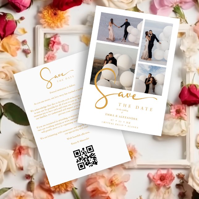 Save The Date White Stylish Minimalist Custom 4-Photo Wedding (White Stylish Minimalist Custom 4-Photo Wedding Save the Date Card.)