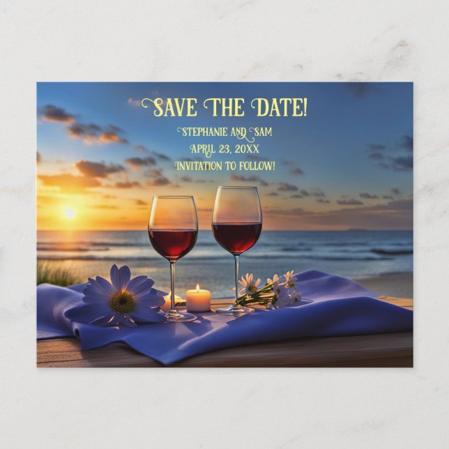 Save the Date Wine and Beach Romantic Announcement Postcard (Front)