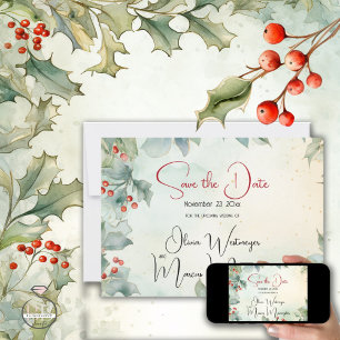 Save the Date   Winter Holly and Berries Invitation