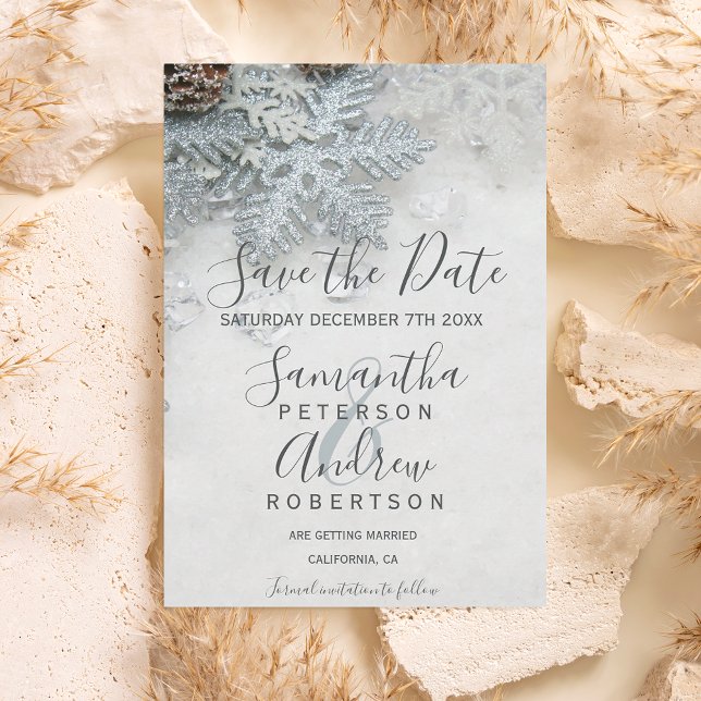 Save The Date Winter merveilleland argent neige typographie mari (Créateur téléchargé)