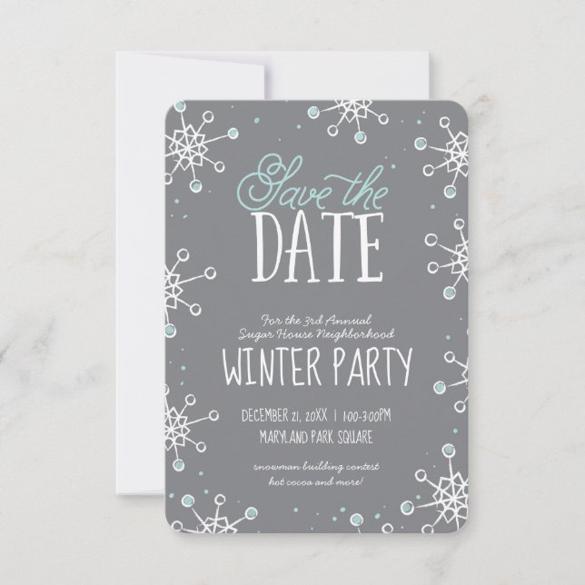 Save The Date Winter Snowflake Party Blue Grey  | (Front)