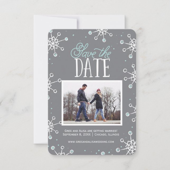 Save The Date Winter Snowflake Weddin Blue Grey  | (Front)