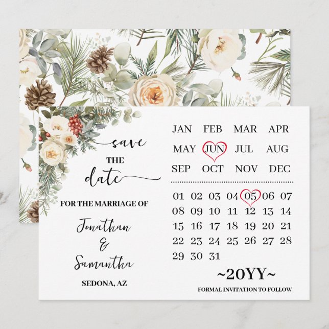 Save The Date Winter White Flowers Calendar (Devant / Derrière)