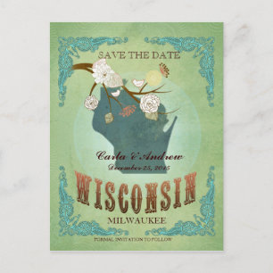 Save The Date - Wisconsin Map With Lovely Birds Announcement Postcard