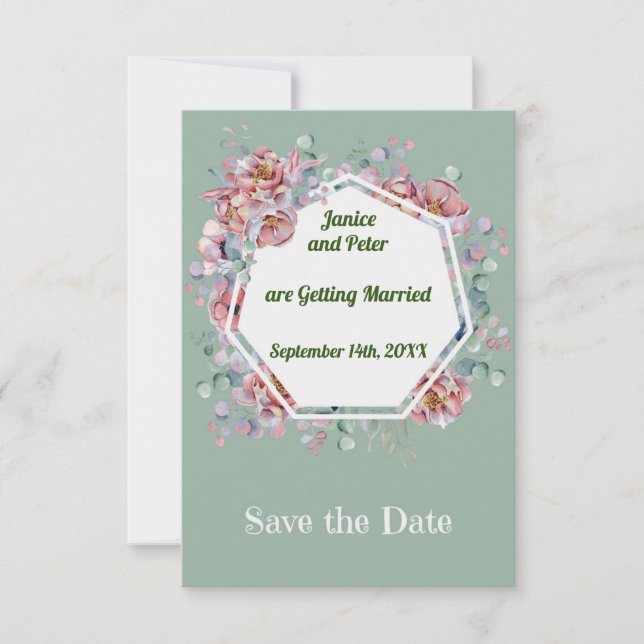 Save the Date with Peach & Green Floral Framing (Front)