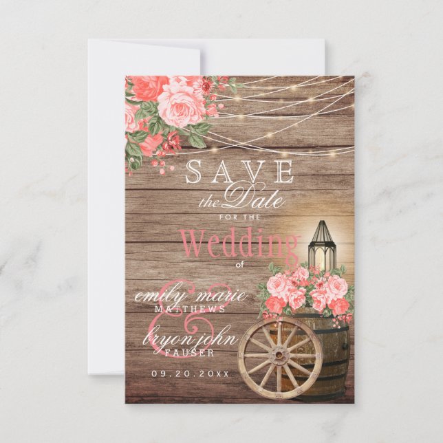 Save the Date Wood Barrel, String Lights - Coral (Front)