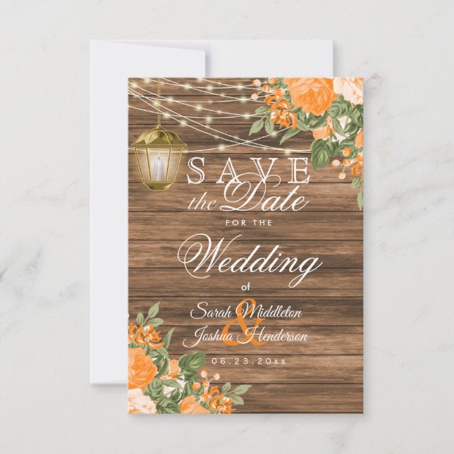 Save the Date Wood, Lanterns and Orange Flower (Front)