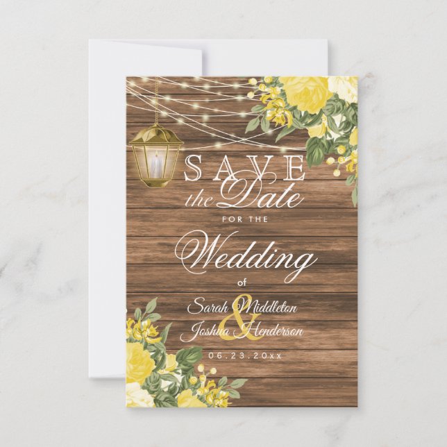 Save the Date Wood, Lanterns and Yellow Flower (Front)