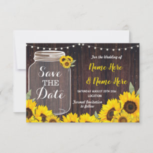 Save The Date Wood Rustic Jar Sunflowers Invite